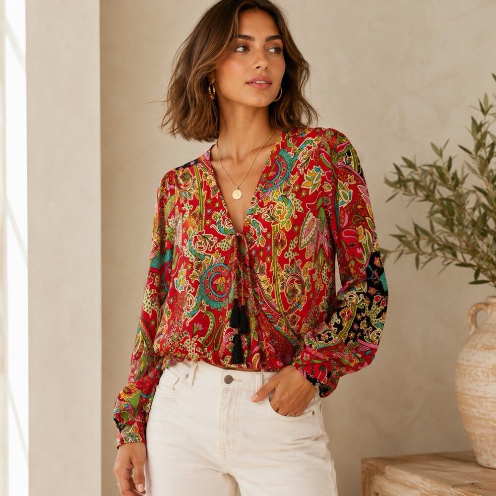 Anthropologie Boemo Paisley Tassel Tie Blouse Boho Peasant Top Long Sleeve S